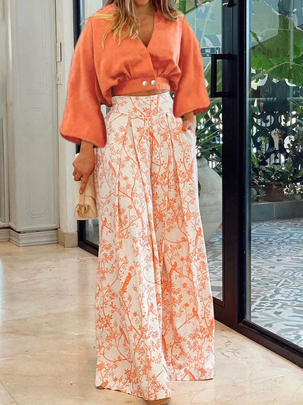 V-neck Long Sleeve Shirt And Blouses Crop Top Straight Wide Leg Pants