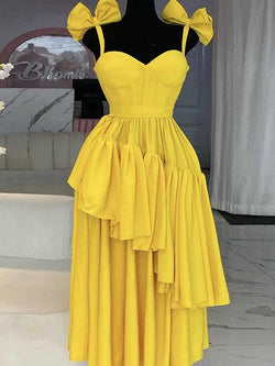 Elegant Long Bow Spaghetti Strap Light Yellow Dress
