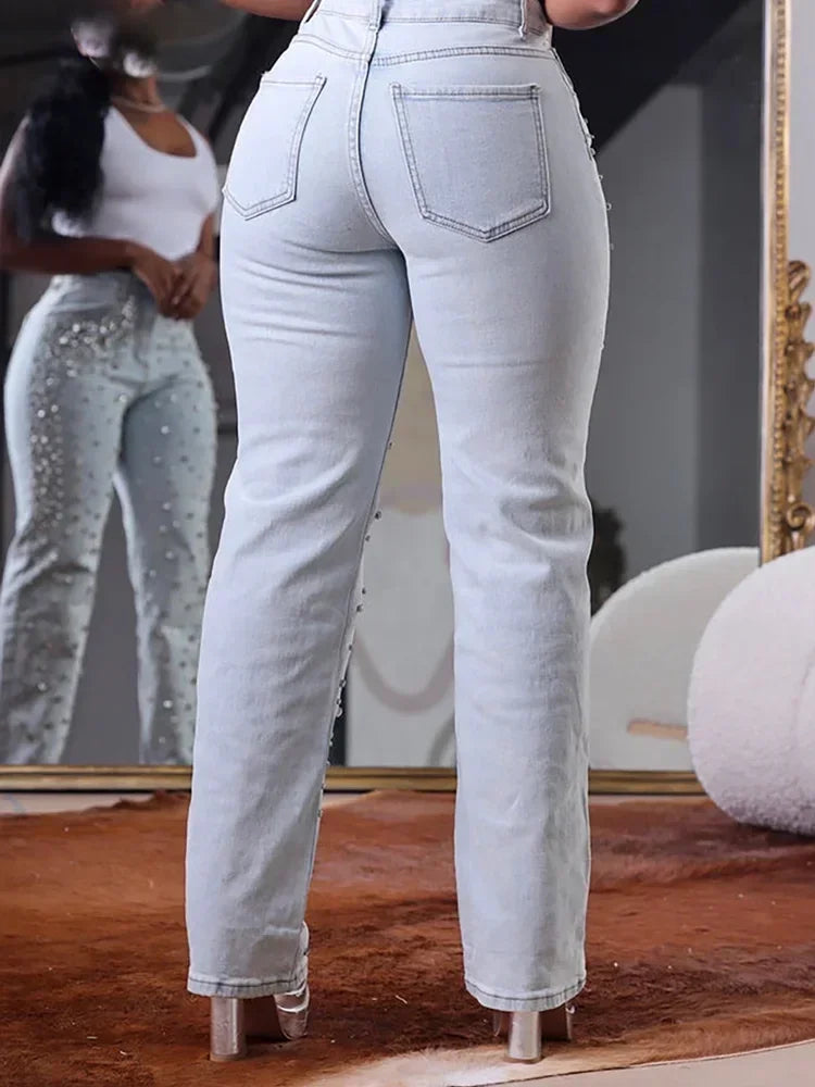 Beading High Waist Slim Casual Denim Pant Vintage