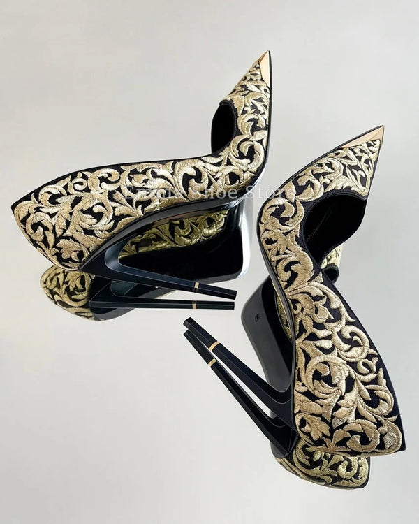 CAMINA Embroidery Pointed Toe High Heel