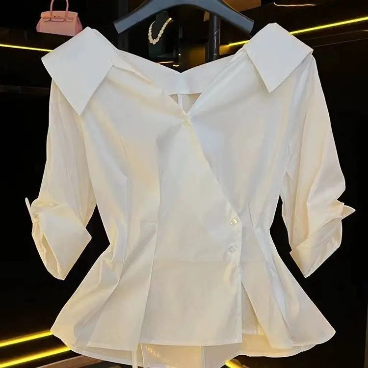 Elegant Short Sleeve V-Neck Shirt Slim High Waist Side Buckle Tops