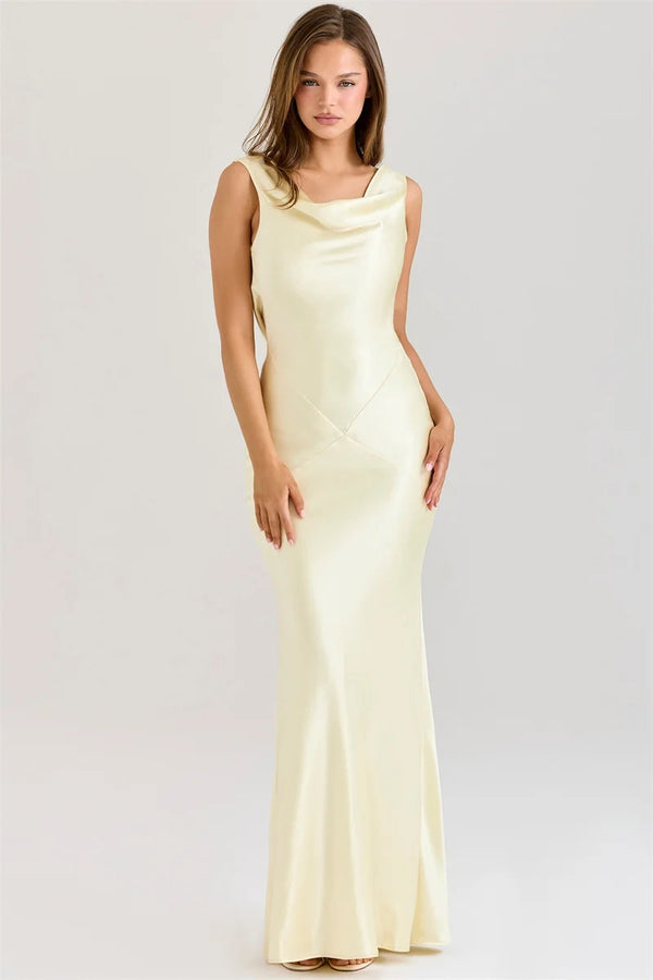 Satin Backless Draped Cowl Neck Sleeveless High Waist Long Dress