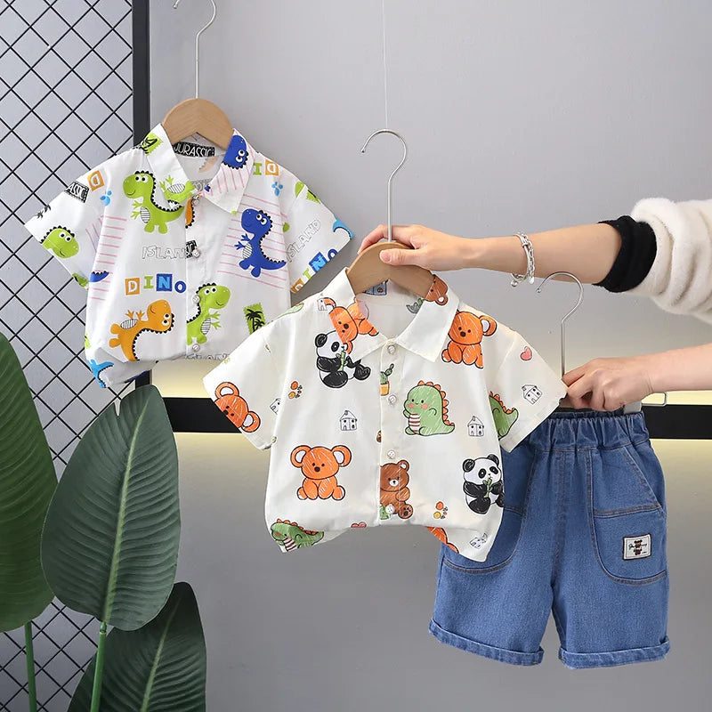 Toddler Boys Print Animal Short Sleeve Shirts + Shorts Suits