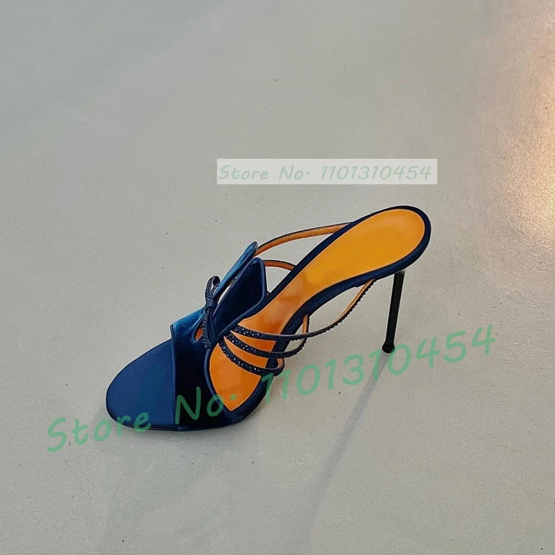 Elegant Rhinestone Slippers Stylish Blue Suede Open Toe