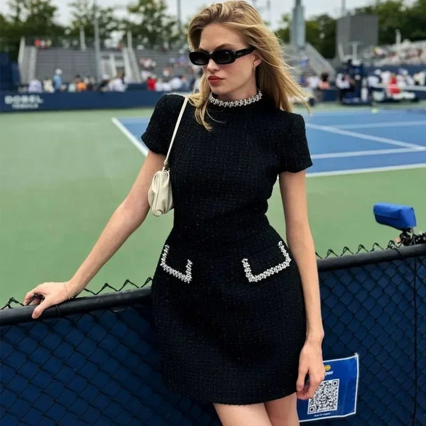 Elegant Tweed A-Line Slim Short Sleeve Retro O-Neck Patchwork Dress