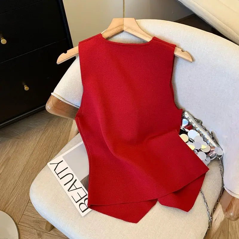 French Style V-neck Sleeveless Knitted Aesthetic Tank