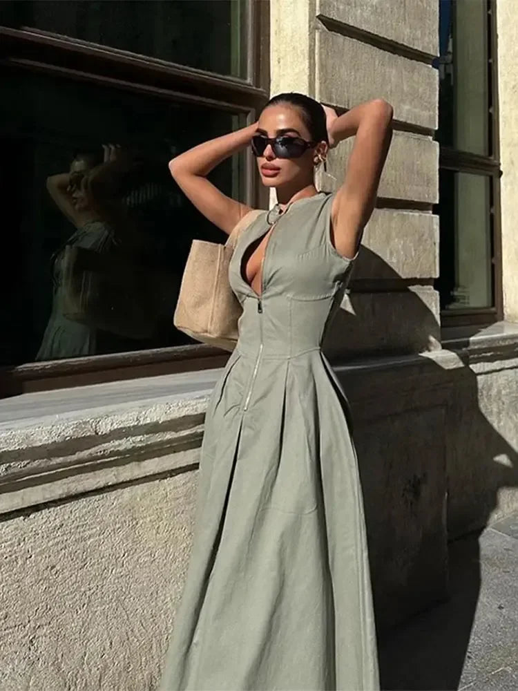 Sleeveless Pleated Slim Elegant Solid Half Zipper A-line Dress