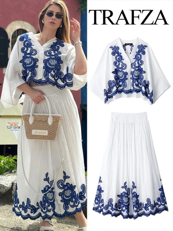 TRAFZA 2-piece Set of Blue Embroidered Single-breasted Loose Shirt + Chic High-waisted Loose Pleated Street Skirt Suit