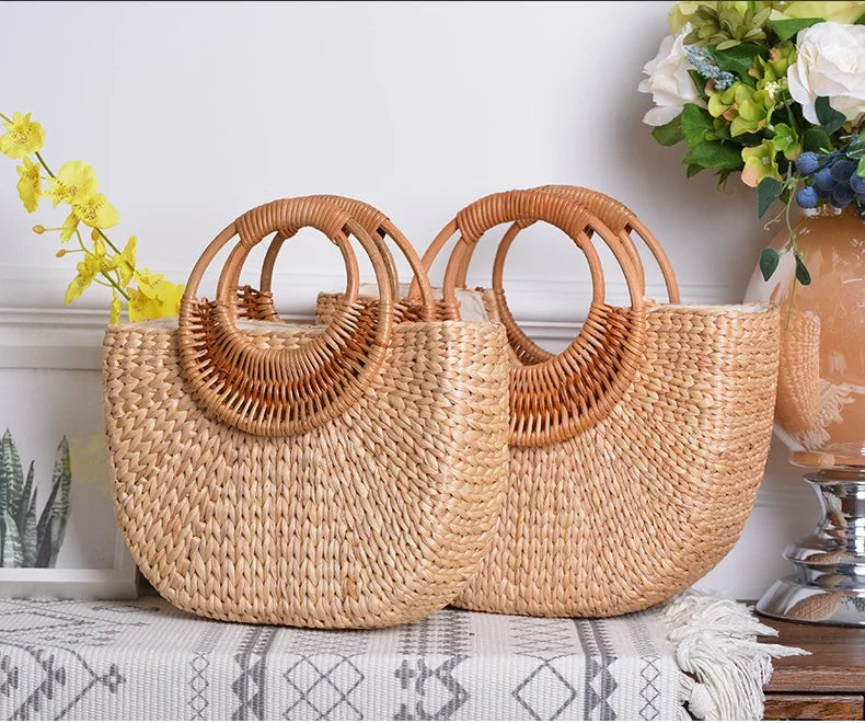 Khaki Rattan Handmade Straw Tote Bag