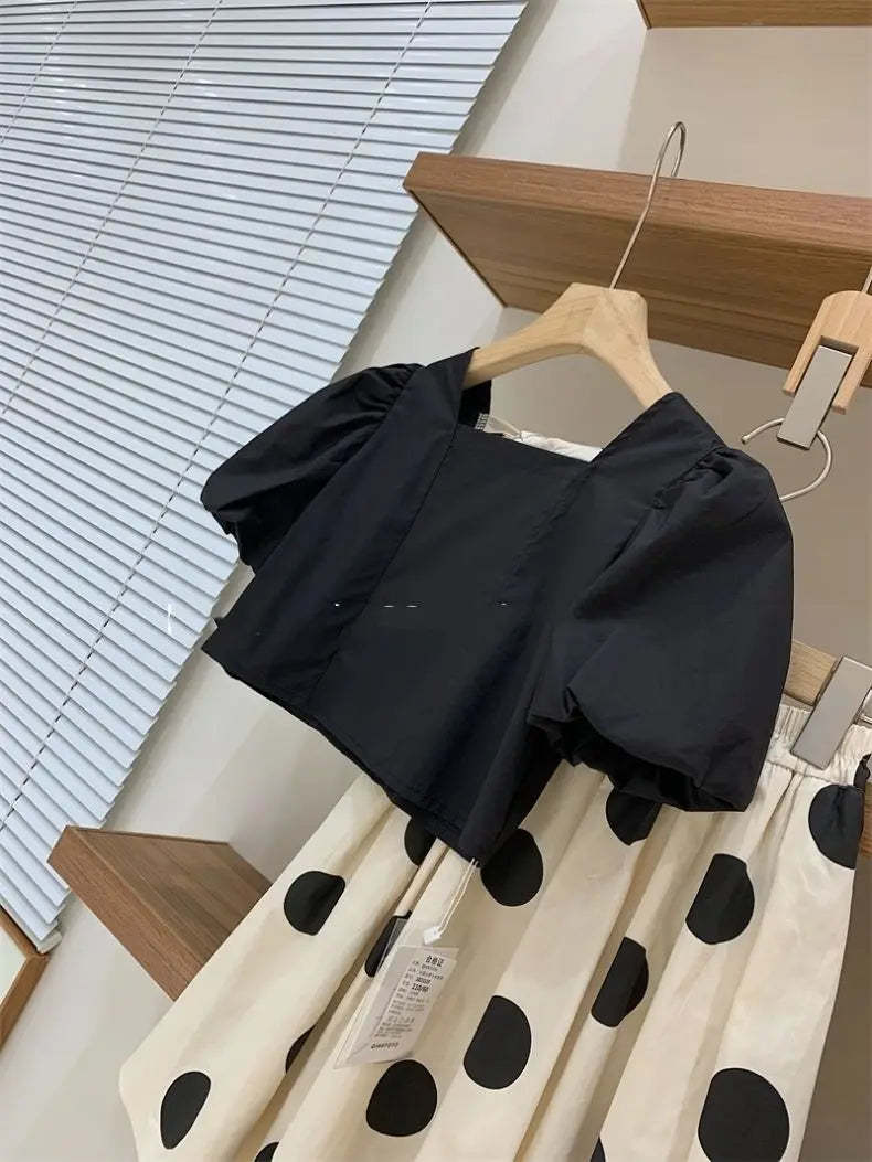 Cotton Square Neck Bubble Sleeve Top Dot Half Skirt 2-pieces