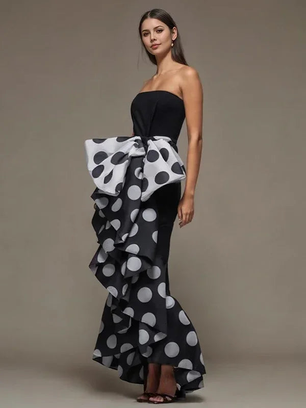 BonhohoTight Polka Dot Sheath Bow-embellished Ruffled Dress