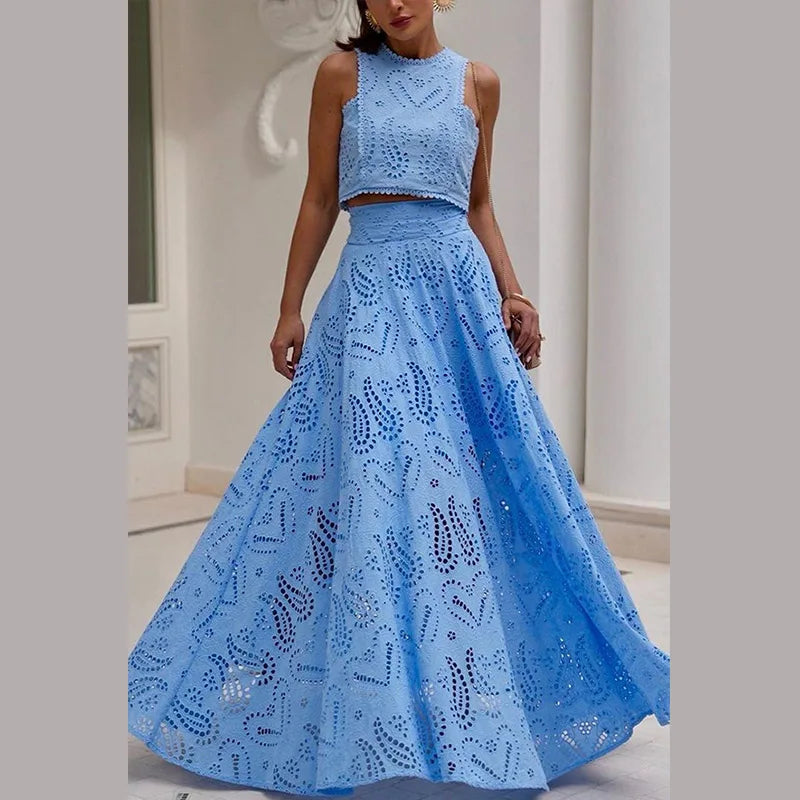 Sleeveless Top Half Skirt Set Embroidered Pocket Long Skirts