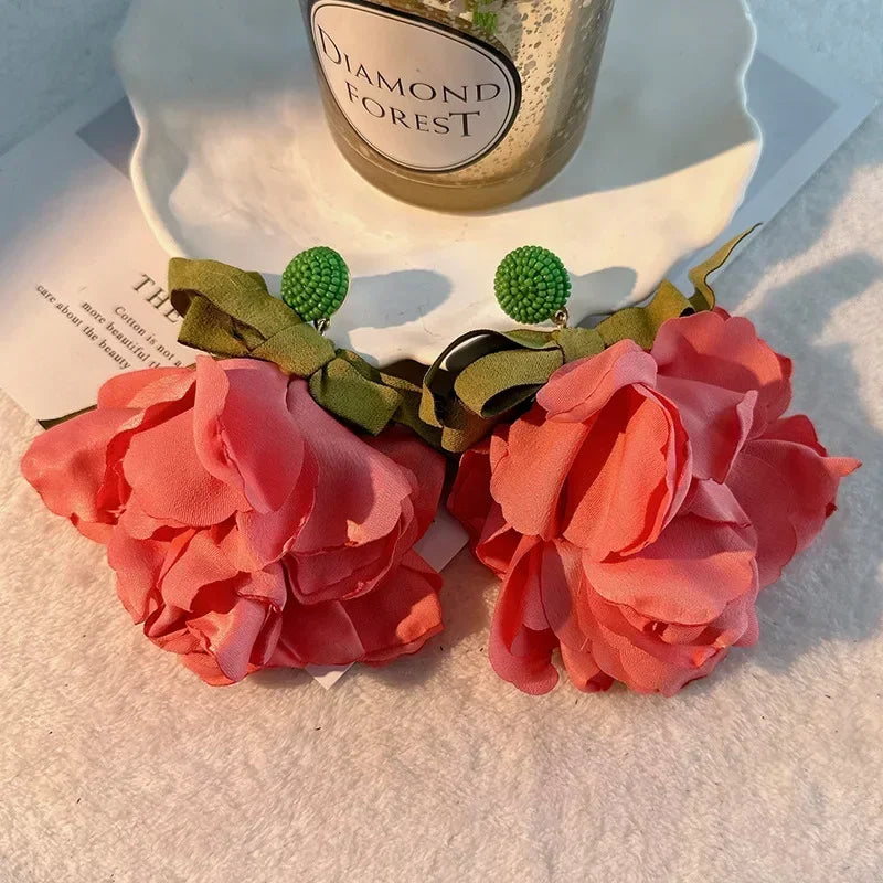 Charm Crystal Cubic Zircon Fabric Flower Big Earrings