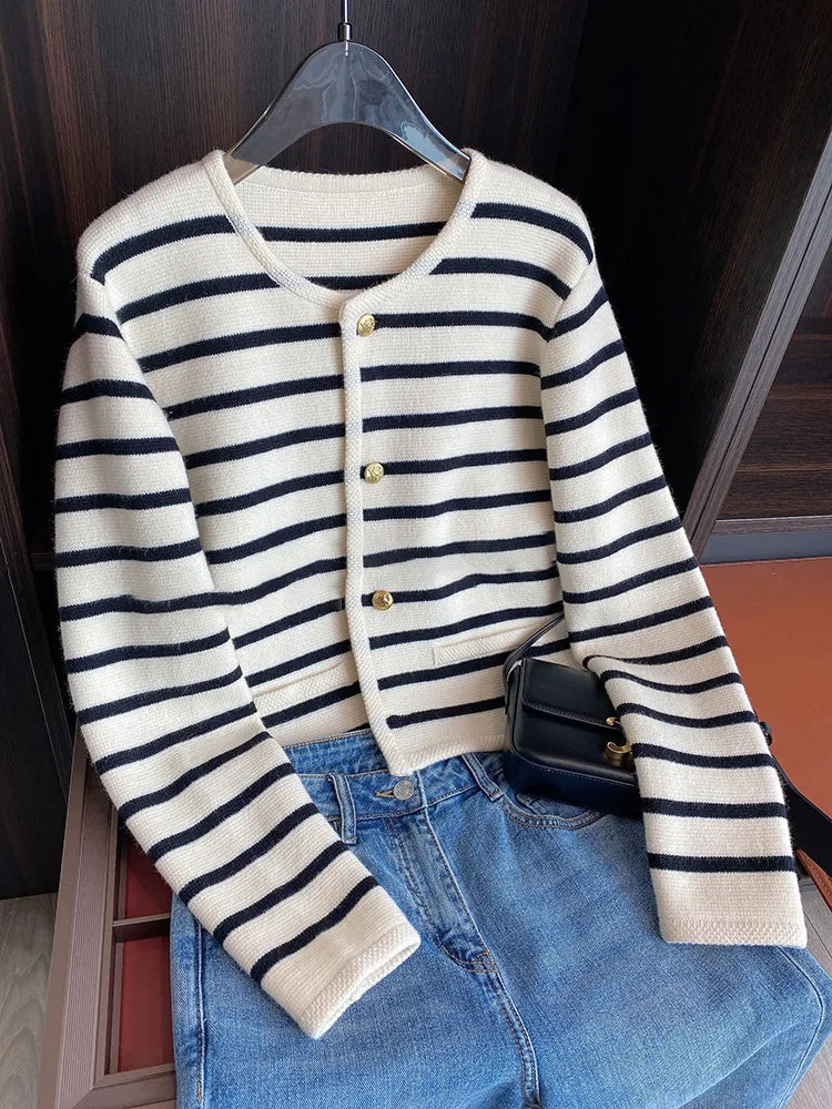 Stripe Knitted Cardigans O-neck Single Breasted Long Sleeve Crop Top