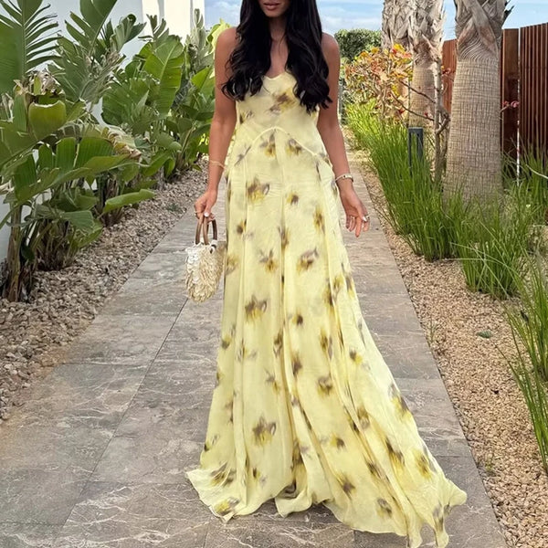 V-neck Swing Hight Waist Long Sleeveless Dress