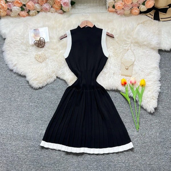 Y2K Slim Waist Pleated A-line Knitted Short Dress
