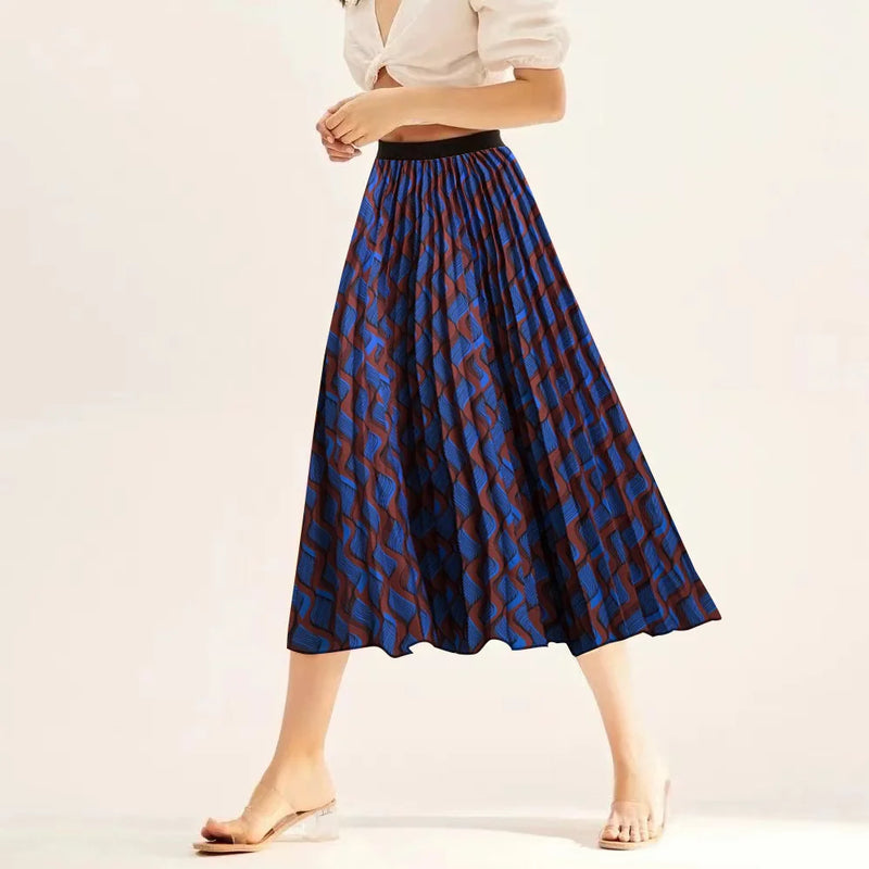 Printed elastic mid length A-line pressed pleated skirt