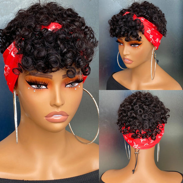 short pixie cut spiral curl with hedband  human hair wig