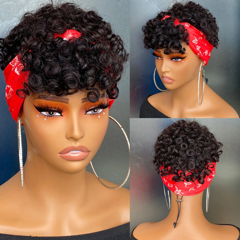 short pixie cut spiral curl with hedband  human hair wig