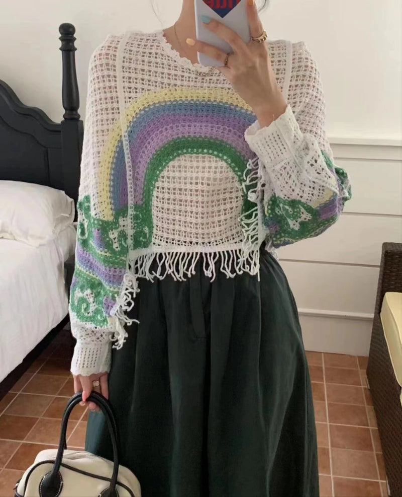 Embroidery Rainbow Crochet Top Sheer Openwork Pullover