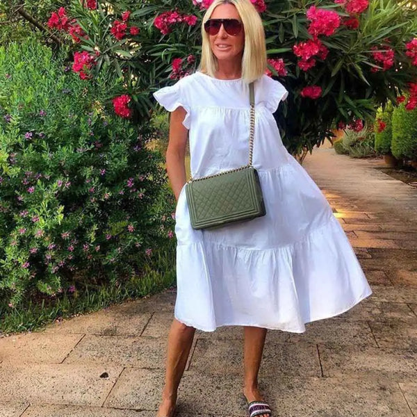 Casual Loose Ruffles O-neck Pure Short Sleeve Dress