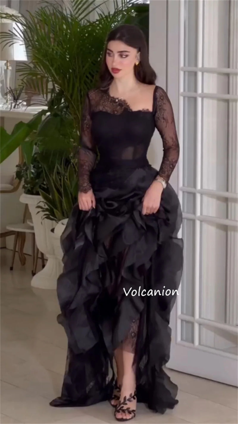 Elegant Organza Ruffle Lace Neck A-line Long Dress