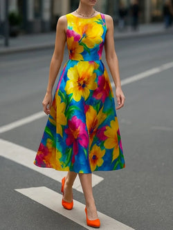 British Floral Printed Sleeveless A-line Dress