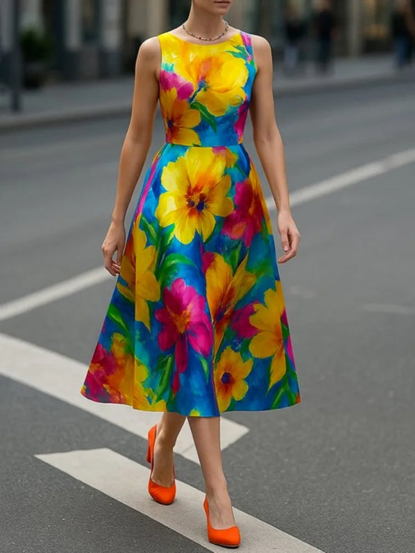 British Floral Printed Sleeveless A-line Dress