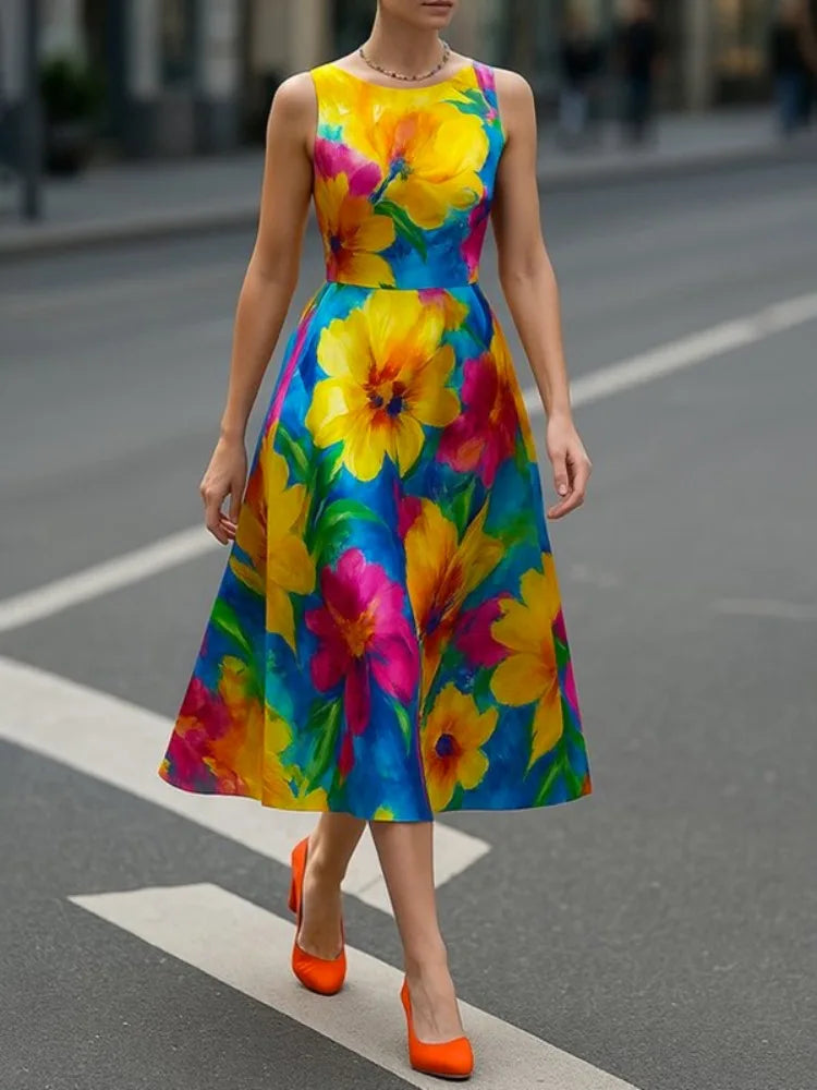 British Floral Printed Sleeveless A-line Dress