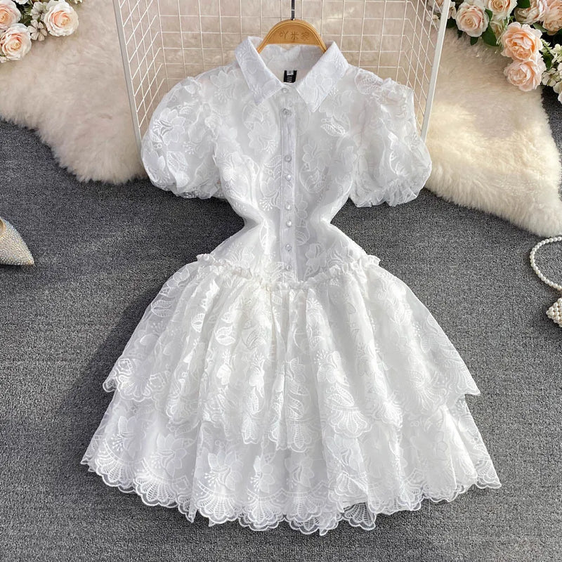 Elegant Vintage Lace Turn Down Collar Puff Sleeve Mini Dress
