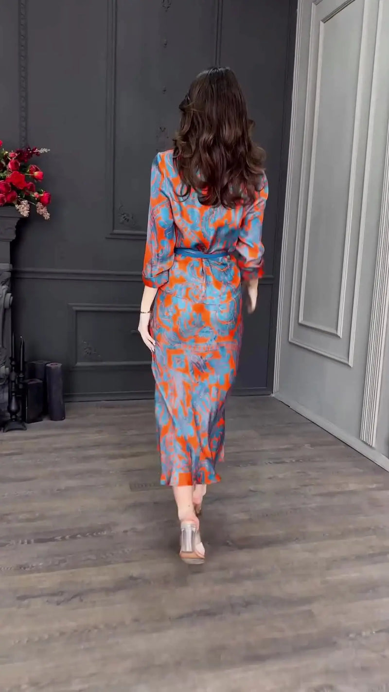 Two Piece Printed Shirt Single Breasted Long Skirt set