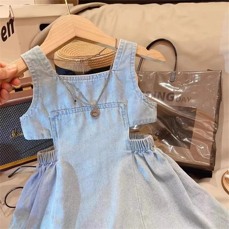 CAMINA Blue Denim Sling Dress with Waist