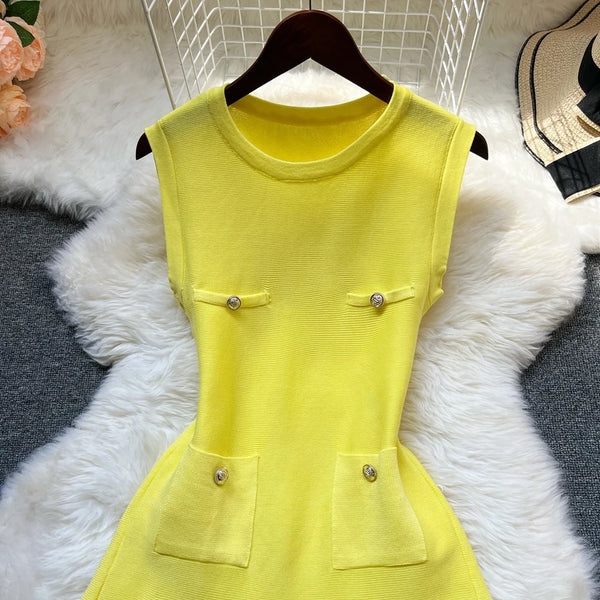 Summer Pleated O-neck Slim Waist A-line Dress