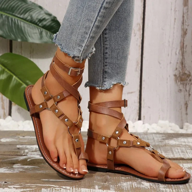 Rivet Buckle Strap Flat with Ankle-wrap Sandals