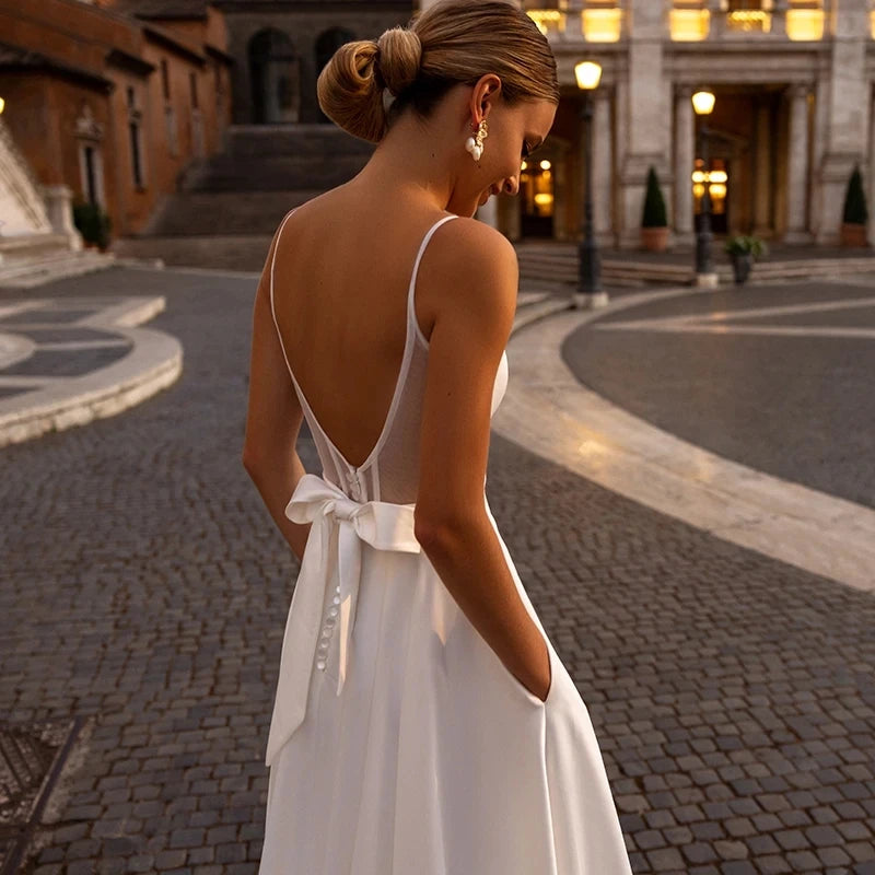 Elegant Long V Neck Satin Sleeveless with Bow A Line Dress