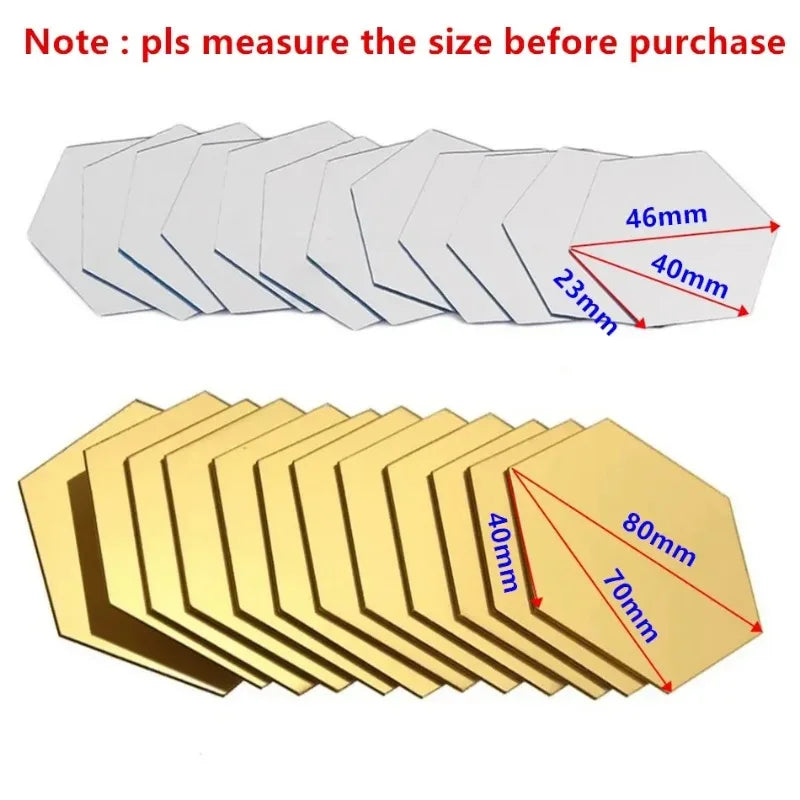 24pcs Hexagon Mirror Gold Self Adhesive Mosaic Tiles Wall Sticker