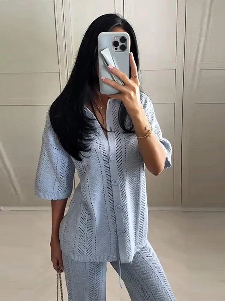 Tassels Knit Casual Single-breasted Short Sleeve Cardigan Lace Up Long Trousers