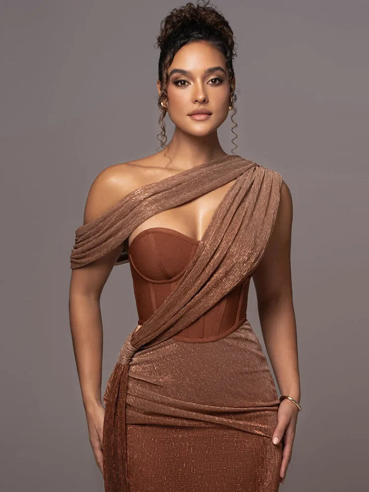 One Shoulder Draped Glitter Corset Sparkly Backless Bodycon Dress