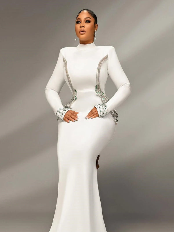 Elegant Diamond Celebrity Maxi Dress White Long Sleeved