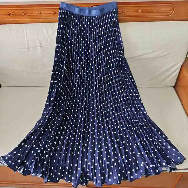 Polka Dot Pleated Long Elastic High Waisted Slim Skirt