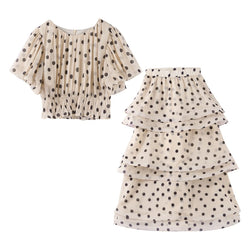 Dot Pleated Chic Puff Sleeve O-neck Crop Top High Waist Long Skirt