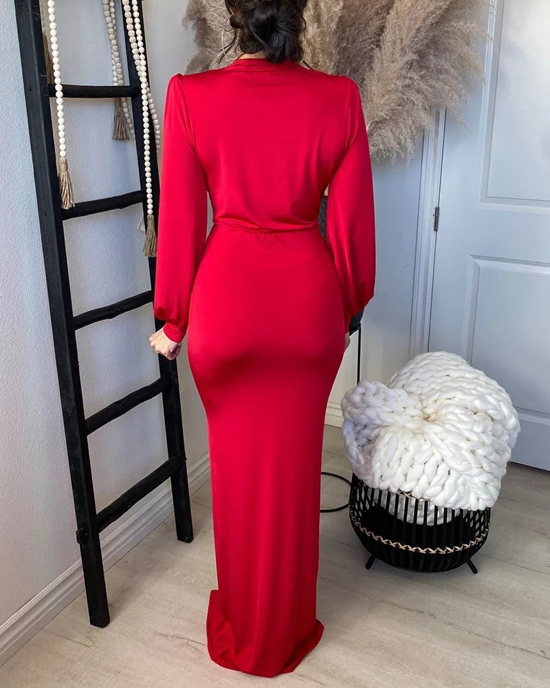 Elegant Deep V Neck Full Sleeve Long Dress
