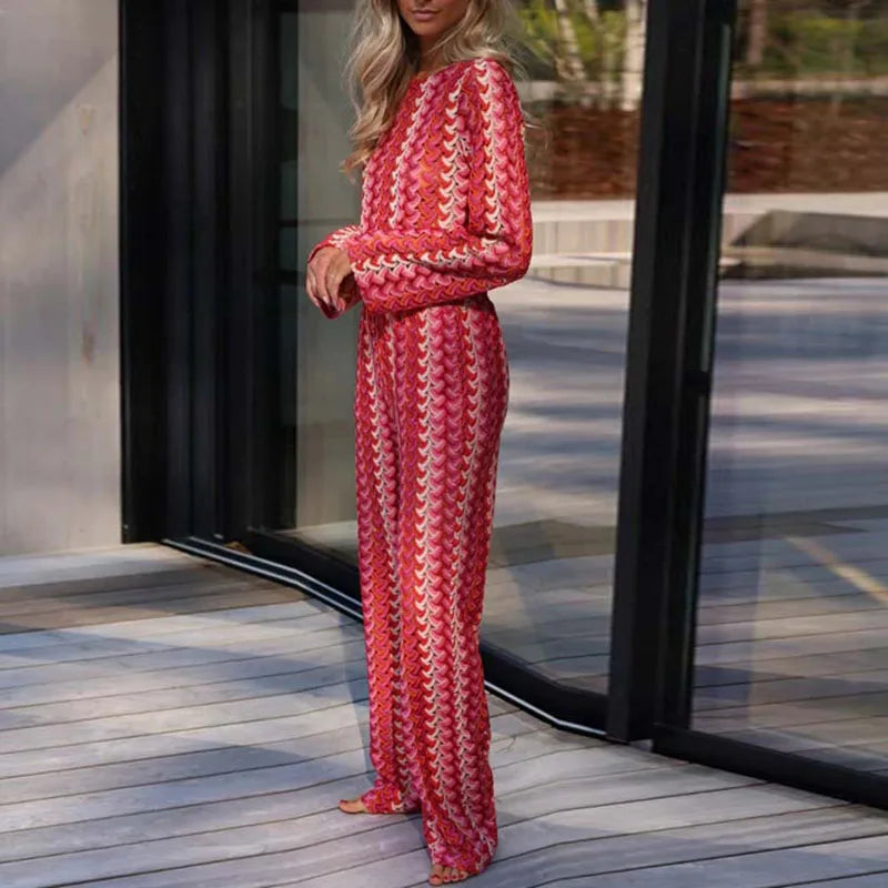 Striped Crochet Hook O Neck Top Pullover And High Waist Pants