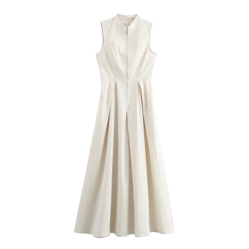 Sleeveless Pleated Slim Elegant Solid Half Zipper A-line Dress