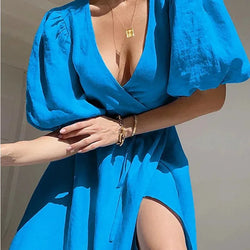Short Sleeve Puff Sleeve Dress, V Neck, High Waist