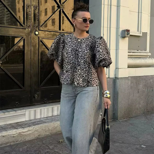 Casual Bubble Sleeve Shirt Round Neck Button