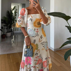 Elegant Square Neck Puff Sleeve Floral Print Pleated A-Line Long Dress