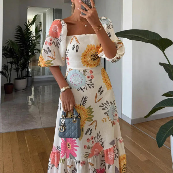 Elegant Square Neck Puff Sleeve Floral Print Pleated A-Line Long Dress