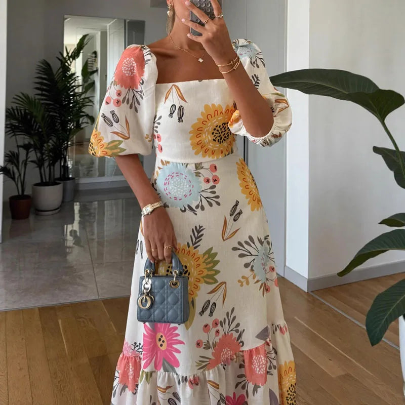Elegant Square Neck Puff Sleeve Floral Print Pleated A-Line Long Dress