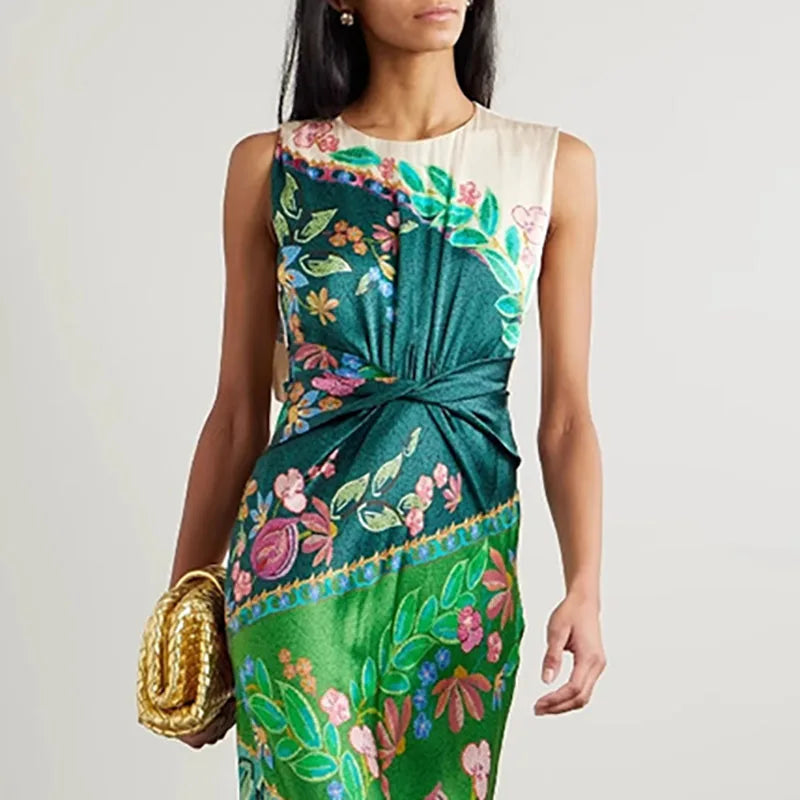 Retro Printed Satin Twisted O Neck Zippers Boho Dress